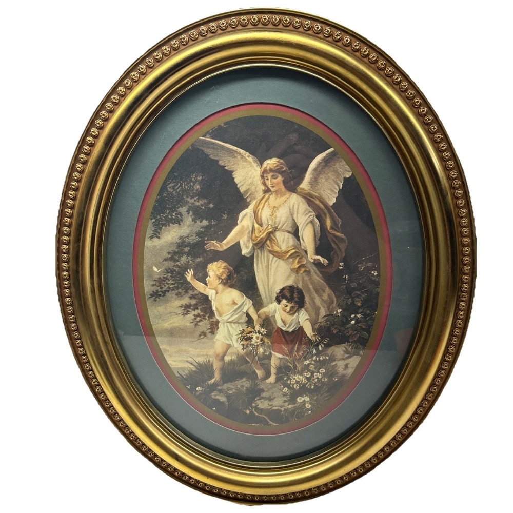 Vintage Guardian Angel Boy Girl Oval Framed Wall Art Gold Home Interiors 19x23.5